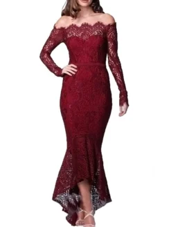 Women‘s Cocktail Party Dress Wedding Guest Dress Lace Dress Midi Dress Black White Wine Long Sleeve Pure Color Lace Winter Fall Autumn Off Shoulder Elegant Winter Dress Fall Dress 2023 S M L XL -Party Prom Dresses Sales Store rseiku1635409559225