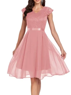 Women's Party Dress Lace Dress Cocktail Dress Midi Dress Pink Wine Navy Blue Short Sleeve Pure Color Lace Spring Fall Winter V Neck Fashion Winter Dress Wedding Guest Vacation 2023 S M L XL XXL -Party Prom Dresses Sales Store rsocxh1692179080891