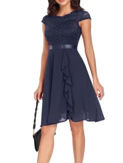 Women's Party Dress Lace Dress Cocktail Dress Midi Dress Black Pink Wine Short Sleeve Pure Color Lace Spring Fall Winter Crew Neck Fashion Winter Dress Wedding Guest Vacation 2023 S M L XL XXL -Party Prom Dresses Sales Store rsvube1692179770392