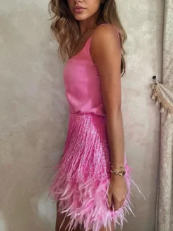 Women‘s Party Dress Homecoming Dress Wedding Guest Fringe Dress Feather Dress Mini Dress White Pink Beige Sleeveless Pure Color Tassel Fringe Summer Spring Crew Neck Fashion Party 2023 S M L XL 2XL -Party Prom Dresses Sales Store rterlu1671789820294
