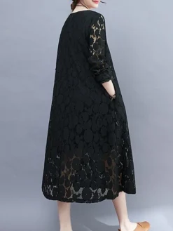 Women's Work Dress Lace Dress Black Dress Fashion Midi Dress Lace Crew Neck Long Sleeve Plain Loose Fit Black White Pink Fall Winter M L XL XXL 3XL -Party Prom Dresses Sales Store rtesia1693300611772
