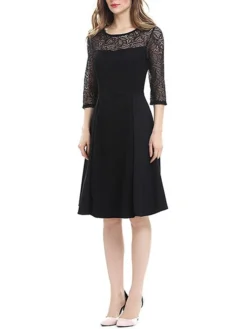 Women's Party Dress Lace Dress Swing Dress Mini Dress Black Wine Blue 3/4 Length Sleeve Pure Color Lace Spring Fall Winter Crew Neck Fashion Party Spring Dress 2023 S M L XL XXL 3XL 4XL -Party Prom Dresses Sales Store rtgpuj1671604316413