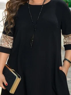 Women's Plus Size Party Dress Lace Dress Cocktail Dress Midi Dress Black 3/4 Length Sleeve Pure Color Lace Spring Fall Winter Crew Neck Fashion Wedding Guest Fall Dress 2023 L XL XXL 3XL 4XL 5XL -Party Prom Dresses Sales Store rtnjev1696907241797