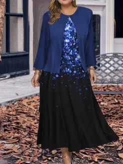 Women's Plus Size Two Piece Dress Set Casual Dress Swing Dress Outdoor Office Fashion Streetwear Print Midi Dress Crew Neck Long Sleeve Ombre Regular Fit Wine Navy Blue Blue Fall Winter L XL XXL 3XL -Party Prom Dresses Sales Store ruomeh1697785909410