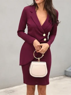 Women's Work Dress Sheath Dress Semi Formal Dress Fashion Office Daily Workfashion Midi Dress Button Lapel Long Sleeve Plain Regular Fit Black Wine Fuchsia Fall Winter S M L XL XXL -Party Prom Dresses Sales Store ruvvnu1695645166180
