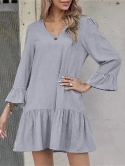 Women's Casual Dress Cotton Dress Swing Dress Cotton Blend Fashion Classic Holiday Weekend Beaches V Neck Pleated Ruffle Long Sleeve Navy Blue Brown Green S M L XL 2XL -Party Prom Dresses Sales Store rvajho1690547567963