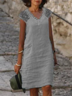 Women's Casual Dress Cotton Linen Dress Shift Dress Midi Dress Cotton Blend Basic Casual Outdoor Daily V Neck Lace Patchwork Short Sleeve Summer Spring 2023 Loose Fit White Pink Blue Pure Color S M L