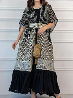 Women's Two Piece Dress Set Party Dress Sheath Dress Party Cocktail Party Fashion Party Lace Up Ruched Long Dress Maxi Dress Crew Neck Short Sleeve Print Loose Fit Black White Green Fall Winter S M L