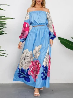 Women's Two Piece Dress Set Casual Dress Skirt Set Daily Going Out Casual Ruched Print Long Dress Maxi Dress Off Shoulder Long Sleeve Floral Regular Fit Blue Green Rose Red Fall Winter S M L XL XXL -Party Prom Dresses Sales Store rwcmlh1692339424633