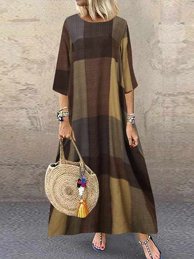 Women's Casual Dress Cotton Linen Dress Shift Dress Maxi Long Dress Cotton Blend Fashion Casual Outdoor Daily Going Out Boat Neck Print 3/4 Length Sleeve Summer Spring 2023 Loose Fit Red Khaki Dark 2 Women's Casual Dress Cotton Linen Dress Shift Dress Maxi Long Dress Cotton Blend Fashion Casual Outdoor Daily Going Out Boat Neck Print 3/4 Length Sleeve Summer Spring 2023 Loose Fit Red Khaki Dark - Image 2