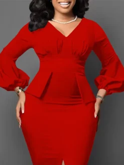 Women's Work Dress Sheath Dress Black Dress Fashion Puff Sleeve Midi Dress Ruched Split V Neck Long Sleeve Plain Regular Fit Black White Red Fall Winter S M L XL XXL -Party Prom Dresses Sales Store rwqaed1693206399336
