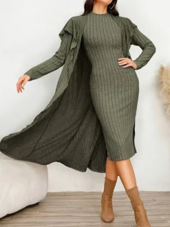 Women's Two Piece Dress Set Casual Dress Sheath Dress Home Daily Fashion Streetwear Split Midi Dress Stand Collar Long Sleeve Plain Slim Black Army Green Gray Fall Winter S M L XL XXL -Party Prom Dresses Sales Store rxdert1695813702732