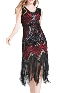 Women‘s Halloween Dress Retro 1920s Fringe Dress Midi Dress Party Outdoor Sequins Tassel Fringe Plain V Neck Sleeveless Regular Fit Summer Spring 2023 Claret Black S M L XL -Party Prom Dresses Sales Store rxfwye1677052182781