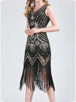 Women‘s Halloween Dress Retro 1920s Fringe Dress Midi Dress Party Outdoor Sequins Tassel Fringe Plain V Neck Sleeveless Regular Fit Summer Spring 2023 Claret Black S M L XL -Party Prom Dresses Sales Store rxhsem1677052188281