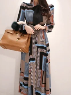 Women's Work Dress Sheath Dress Swing Dress Fashion Winter Dress Office Daily Long Dress Maxi Dress Button Print V Neck Long Sleeve Stripe Print Regular Fit Khaki Fall Winter S M L XL -Party Prom Dresses Sales Store rxjoep1695030989934