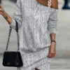 Women's Work Dress Casual Dress Sheath Dress Fashion Winter Dress Daily Mini Dress Patchwork One Shoulder Long Sleeve Plain Loose Fit Gray Fall Winter S M L XL XXL