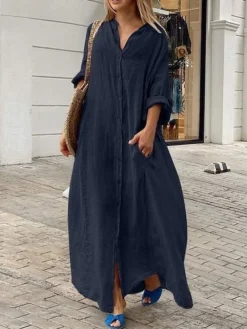 Women's Casual Dress Cotton Linen Dress Black Dress Maxi Long Dress Linen / Cotton Blend Fashion Daily Outdoor Daily Vacation Stand Collar Button Pocket Long Sleeve Fall Autumn 2023 Loose Fit Black -Party Prom Dresses Sales Store rxmeko1692947494031