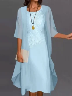 Women's Two Piece Dress Set Casual Dress Lace Dress Outdoor Daily Fashion Casual Lace Midi Dress Crew Neck 3/4 Length Sleeve Plain Regular Fit Blue Gray Spring Summer S M L XL 4XL