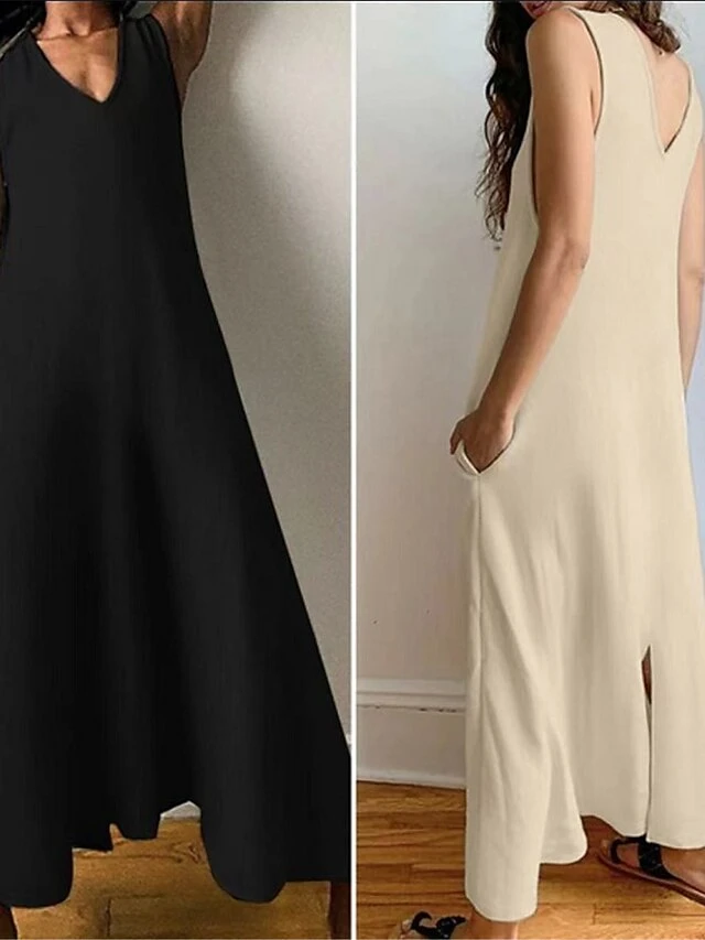 Women's Casual Dress Cotton Linen Dress Swing Dress Maxi Long Dress Cotton Blend Basic Modern Outdoor Daily Vacation V Neck Basic Sleeveless Summer Spring 2023 Regular Fit Black Wine Khaki Plain S M 6 Women's Casual Dress Cotton Linen Dress Swing Dress Maxi Long Dress Cotton Blend Basic Modern Outdoor Daily Vacation V Neck Basic Sleeveless Summer Spring 2023 Regular Fit Black Wine Khaki Plain S M - Image 6