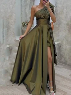 Women's Prom Dress Party Dress Satin Dress Long Dress Maxi Dress Army Green Sleeveless Pure Color Ruffle Spring Fall Winter One Shoulder Fashion Winter Dress Evening Party Wedding Guest 2023 S M L XL