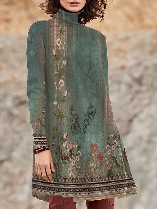 Women's Work Dress Casual Dress Swing Dress Fashion Winter Dress Daily Mini Dress Print Turtleneck Long Sleeve Floral Regular Fit Blue Green Fall Winter S M L XL XXL 3 Women's Work Dress Casual Dress Swing Dress Fashion Winter Dress Daily Mini Dress Print Turtleneck Long Sleeve Floral Regular Fit Blue Green Fall Winter S M L XL XXL - Image 3