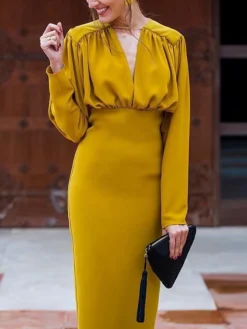Women's Party Dress Sheath Dress Midi Dress Yellow Long Sleeve Pure Color Ruched Winter Fall Autumn V Neck Casual Party Winter Dress Fall Dress 2022 S M L XL XXL -Party Prom Dresses Sales Store ryaymg1630920060848