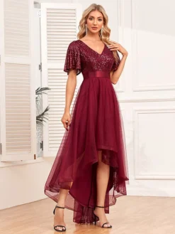 Women‘s Christmas Party Dress Sequin Dress Red Dress Long Dress Maxi Dress Wine Short Sleeve Pure Color Mesh Sparkly Glitter Summer Spring Fall V Neck Fashion Wedding Guest Summer Dress Loose -Party Prom Dresses Sales Store rycfou1693983264234