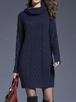 Women's Sweater Dress Jumper Dress Winter Dress Mini Dress Warm Plain Outdoor Daily Holiday Vacation Turtleneck Long Sleeve 2023 Loose Fit White Wine Blue M L XL XXL 3XL -Party Prom Dresses Sales Store rydrvs1697711246207