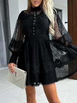 Women's Party Dress Lace Dress Homecoming Dress Mini Dress Black White Long Sleeve Pure Color Lace Summer Spring Fall Stand Collar Fashion Wedding Guest Birthday Vacation Slim 2023 S M L XL -Party Prom Dresses Sales Store ryhsrp1681263747410