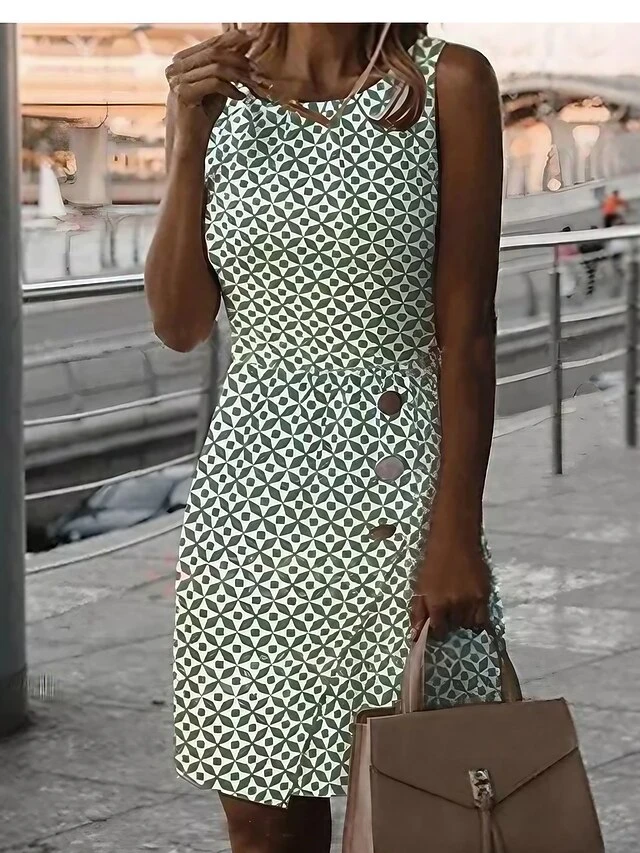 Women's Work Dress Midi Dress Green Sleeveless Print Print Summer Spring Crew Neck Elegant Office 2023 S M L XL XXL 1 Women's Work Dress Midi Dress Green Sleeveless Print Print Summer Spring Crew Neck Elegant Office 2023 S M L XL XXL