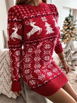 Women‘s Christmas Sweater Dress Winter Dress Sheath Dress Short Mini Dress Red Navy Blue Gray Long Sleeve Elk Snowman Snowflake Knit Fall Winter Round Neck Turtleneck Stylish Casual 2022 S M L XL XXL -Party Prom Dresses Sales Store ryuzus1663151835967