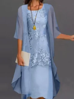 Women's Dress Set Lace Dress Midi Dress Light Blue Green Gray Half Sleeve Floral Embroidered Layered Patchwork Summer Spring Fall Crew Neck Elegant Chinoiserie 2023 M L XL XXL XXXL 4XL 5XL