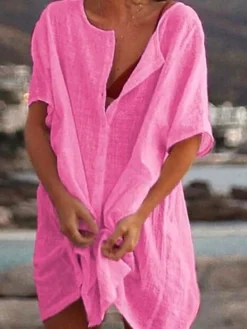 Women's Casual Dress Shirt Dress Cotton Linen Dress Mini Dress Blue Purple Pink Short Sleeve Pure Color Spring Summer V Neck Beach Basic Daily Weekend Loose Fit Linen S M L XL XXL 3XL 36 Women's Casual Dress Shirt Dress Cotton Linen Dress Mini Dress Blue Purple Pink Short Sleeve Pure Color Spring Summer V Neck Beach Basic Daily Weekend Loose Fit Linen S M L XL XXL 3XL -Party Prom Dresses Sales Store saamwq1639988514542