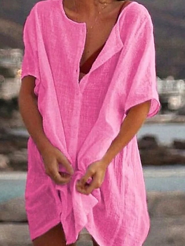 Women's Casual Dress Shirt Dress Cotton Linen Dress Mini Dress Blue Purple Pink Short Sleeve Pure Color Spring Summer V Neck Beach Basic Daily Weekend Loose Fit Linen S M L XL XXL 3XL 17 Women's Casual Dress Shirt Dress Cotton Linen Dress Mini Dress Blue Purple Pink Short Sleeve Pure Color Spring Summer V Neck Beach Basic Daily Weekend Loose Fit Linen S M L XL XXL 3XL - Image 17