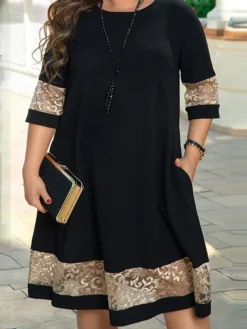 Women's Plus Size Party Dress Lace Dress Cocktail Dress Midi Dress Black 3/4 Length Sleeve Pure Color Lace Spring Fall Winter Crew Neck Fashion Wedding Guest Fall Dress 2023 L XL XXL 3XL 4XL 5XL