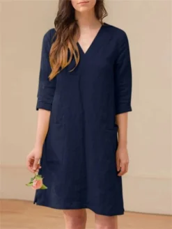 Women's Casual Dress Cotton Linen Dress A Line Dress Midi Dress Cotton Blend Basic Casual Outdoor Daily V Neck Pocket 3/4 Length Sleeve Summer Spring Fall 2023 Loose Fit ArmyGreen Navy Blue Orange -Party Prom Dresses Sales Store sbimkz1675929174750