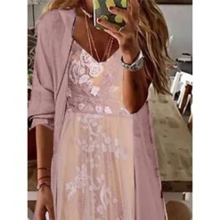 Women's Two Piece Dress Set Casual Dress Lace Dress Outdoor Daily Fashion Elegant Lace Ruffle Long Dress Maxi Dress V Neck 3/4 Length Sleeve Floral Plain Loose Fit Pink Light Purple Summer Spring S M -Party Prom Dresses Sales Store sbvrak1682664408206