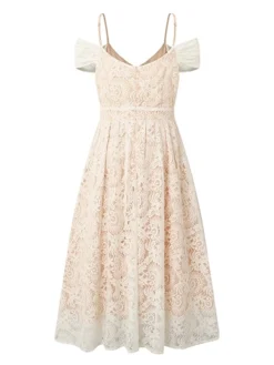Women‘s Party Dress Lace Dress Cocktail Dress Special Occasion Holiday Wedding Guest Midi Dress Party Stylish V Neck Short Sleeve Lace Backless Loose Fit Beige Flower S M L XL 2XL -Party Prom Dresses Sales Store sbyskk1684134729374