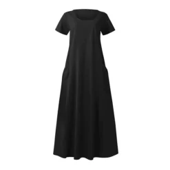 Women's Casual Dress Cotton Linen Dress Swing Dress Maxi Long Dress Linen Cotton Blend Fashion Classic Outdoor Daily Vacation Crew Neck Pocket Short Sleeve Summer Spring 2023 Loose Fit Black Pink Sky -Party Prom Dresses Sales Store scgmdm1681376500607