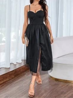 Women's Party Dress Sheath Dress Black Dress Midi Dress Black Sleeveless Pure Color Mesh Fall Winter Autumn Spaghetti Strap Fashion Evening Party Vacation 2023 S M L