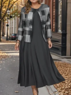 Women's Plus Size Two Piece Dress Set Casual Dress Swing Dress Outdoor Office Fashion Streetwear Print Midi Dress Crew Neck Long Sleeve Plaid Regular Fit Black Blue Brown Fall Winter L XL XXL 3XL 4XL -Party Prom Dresses Sales Store sdaqxa1697782567196