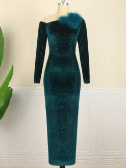 Women‘s Cocktail Party Dress Wedding Guest Dress Velvet Dress Feather Dress Maxi Long Dress Dark Green Long Sleeve Pure Color Fall Spring One Shoulder Elegant Winter Dress 2023 S M L XL XXL XXXL -Party Prom Dresses Sales Store sdkwbq1639812327082