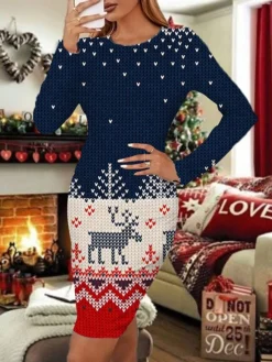 Women's Christmas Work Dress Bodycon Mini Dress Blue Wine Navy Blue Long Sleeve Cat Elk Snowflake Print Winter Fall Crew Neck Vacation Stylish 2022 S M L XL XXL 3XL 4XL 5XL 6XL / Sheath Dress