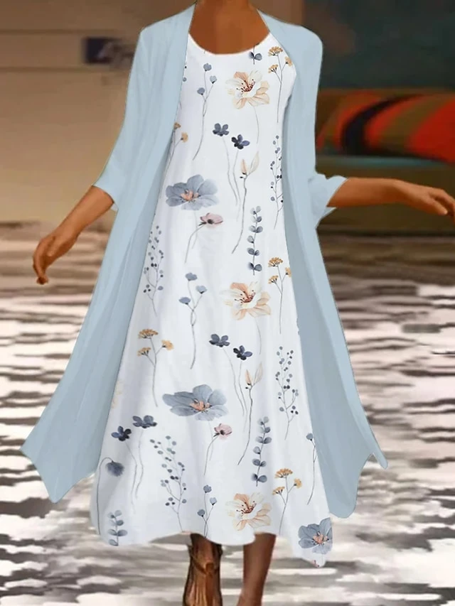 Women's Two Piece Dress Set Casual Dress Print Dress Outdoor Daily Fashion Modern Print Midi Dress Crew Neck 3/4 Length Sleeve Floral Regular Fit White Summer Spring S M L XL XXL 1 Women's Two Piece Dress Set Casual Dress Print Dress Outdoor Daily Fashion Modern Print Midi Dress Crew Neck 3/4 Length Sleeve Floral Regular Fit White Summer Spring S M L XL XXL