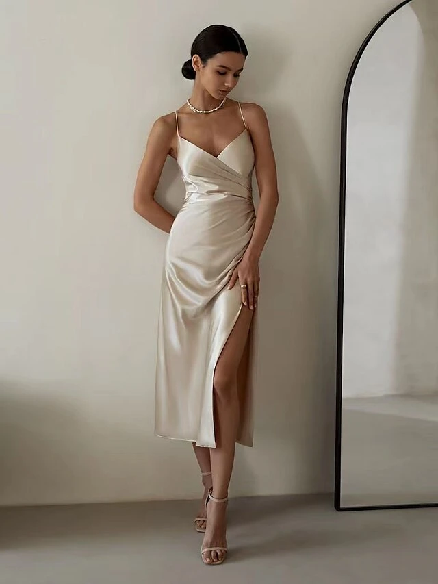 Women‘s Satin Dress Midi Dress Champagne Sleeveless Pure Color Split Ruched Spring Summer V Neck Stylish Elegant Sexy 2022 S M L XL 5 Women‘s Satin Dress Midi Dress Champagne Sleeveless Pure Color Split Ruched Spring Summer V Neck Stylish Elegant Sexy 2022 S M L XL - Image 5