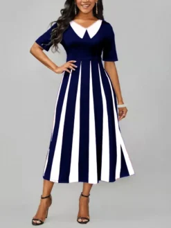 Women's Work Dress A Line Dress Fashion Office Daily Midi Dress Print Lapel Short Sleeve Stripe Regular Fit Black Wine Dark Blue Fall Winter S M L XL XXL