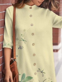 Women's Shirt Dress Casual Dress Cotton Linen Dress Midi Dress Polyester Fashion Casual Daily Outdoor Daily Vacation Shirt Collar Button Print Long Sleeve Spring Fall Winter 2023 Loose Fit White -Party Prom Dresses Sales Store sealgs1697189422718