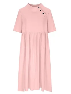Women's Casual Dress Cotton Linen Dress Swing Dress Midi Dress Cotton Blend Basic Casual Outdoor Daily Crew Neck Ruched Button Half Sleeve Summer Spring 2023 Loose Fit Black White Pink Pure Color S M -Party Prom Dresses Sales Store segpbw1681442378215