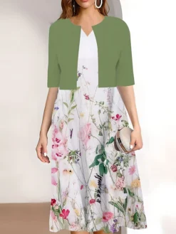 Women's Two Piece Dress Set Casual Dress Print Dress Outdoor Daily Fashion Work Print Midi Dress V Neck Half Sleeve Floral Regular Fit Pink Wine Navy Blue Summer Spring S M L XL XXL -Party Prom Dresses Sales Store seidlx1689669895808