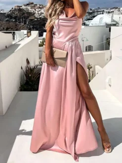 Women's Prom Dress Party Dress Satin Dress Pink Dress Long Dress Maxi Dress Fuchsia Khaki Sleeveless Pure Color Backless Summer Spring Fall Spaghetti Strap Fashion Birthday Evening Wedding Guest 2023 -Party Prom Dresses Sales Store sgahhz1663237137084